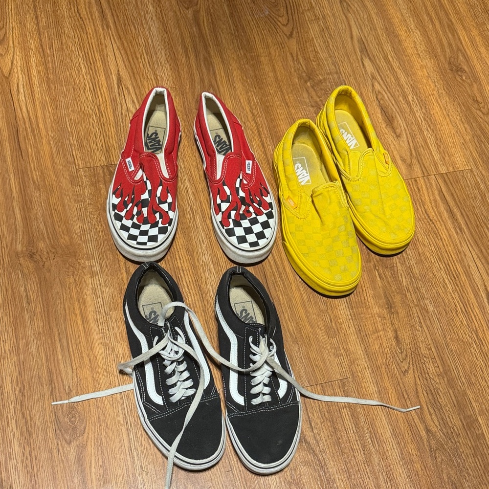 Vans Red Flame, Yellow Checkered, and Black Sneakers Trio